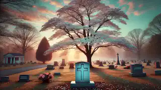 The Dogwood Tree standing beside a gravestone in a quiet cemetery during a serene sunrise.