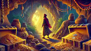 Ali Baba stands at the entrance of a hidden treasure-filled cave, glowing with golden light from the treasures inside.