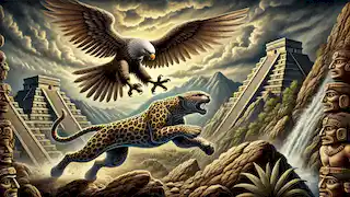 Tezcatlipoca as a jaguar races against Quetzalcoatl as an eagle in a rugged landscape under a stormy sky.