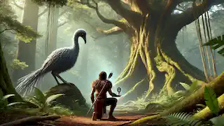 Tama kneels in a sacred forest glade, offering a carved token, while the Moa watches from the distance in a serene setting.