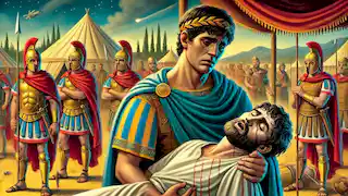 Achilles mourns the death of Patroclus in the Greek camp.