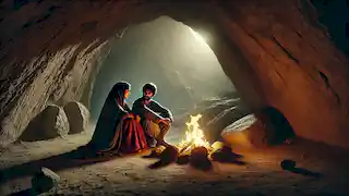 Inside the Lover’s Cave, Majid and Leyla sit by a fire, sharing a peaceful and intimate moment, safe in their refuge.