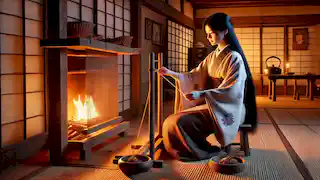 Yuki weaving at a loom near the hearth inside a traditional Japanese home.