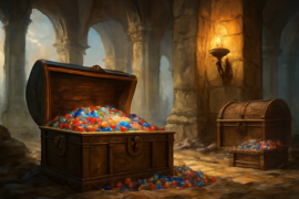Strahlende Juwelen und goldene Artefakte tropfen aus den zerfallenden Palastruinen.