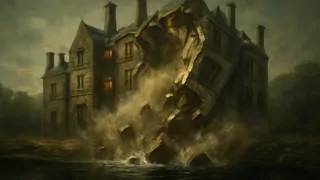 The House of Usher collapsing into the surrounding tarn under a stormy sky