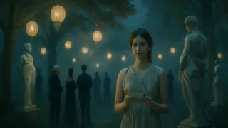 Fiesta en el jardín iluminada por faroles durante la noche, con esculturas clásicas y invitados reunidos.