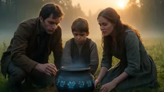 Family uncovers an ancient iron pot with mysterious runic engravings in a sunlit meadow