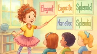 Fancy Nancy unterrichtet ihre Freunde mit Begeisterung anspruchsvolle Wörter in einem bunten Klassenzimmer.