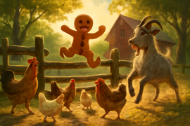 Hombre de jengibre corriendo junto a animales de granja en un patio soleado