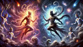 Devas and Asuras stand on opposite sides, surrounded by cosmic energy, symbolizing balance between light and dark.