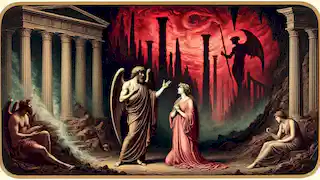 Sisyphus pleads passionately to Persephone at the gates of the underworld with a dark, ominous landscape in the background.