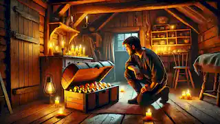 Jacob kneeling by a chest of golden eggs, cautiously hiding them under the floorboards in his candle-lit house.