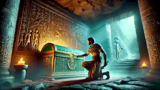 Khem kneels inside a dimly lit cave, lifting the lid of a stone chest covered in glowing hieroglyphs to reveal a scroll.