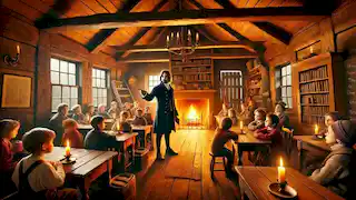 Ichabod Crane teaching local children inside a cozy, dimly lit schoolhouse.