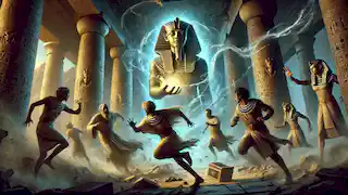 Pharaoh and his men flee the tomb as divine energy swirls around and the statues of Khepri come to life.