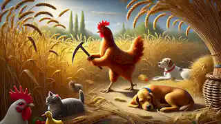 The Little Red Hen harvesting wheat, with the cat, dog, and duck still lounging around lazily.