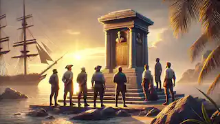 The crew stands solemnly around a monument they erected in honor of Captain Elara, with the sun rising in the background.