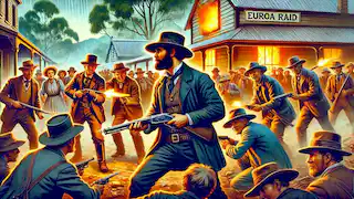 The Kelly Gang during the Euroa raid, capturing the tension and excitement as they hold the townspeople hostage.