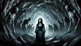 Anna stands in the ominous Cave of Whispers, surrounded by shadowy figures embodying her deepest fears.