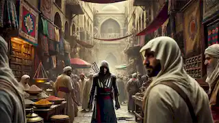 Altair stalks Tamir through the crowded alleys of Damascus, blending into the busy market filled with merchants.