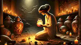 Pandora kneels, holding a small glowing light of hope in her hands, surrounded by darkness in her Greek home.