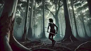 Warrin cautiously steps through a dense Australian forest, spear in hand, scanning the treetops for danger.