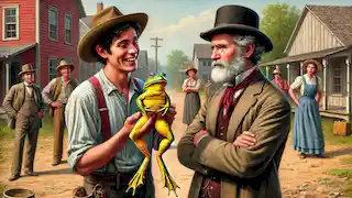 Jim Smiley proudly shows his frog, Dan’l Webster, to a skeptical stranger on a dirt road in a small rural town.