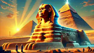 The Great Sphinx of Giza under the rising sun, with pyramids in the background and tourists in ancient attire.