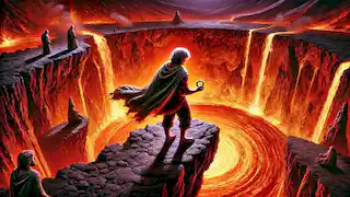 Frodo stands at Mount Doom, holding the One Ring as Sam watches anxiously. The fiery chasm below glows with red lava.