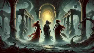 The Furies stand at the entrance to Tartarus, contemplating their encounter with the priestess.