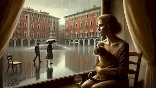 American woman looks out of a rainy window in her hotel room, holding a cat, as the empty town square outside is visible.