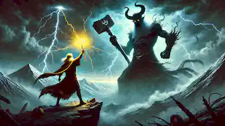 Final battle between Arash, wielding a glowing hammer, and Ahriman, a towering shadowy figure, under a stormy sky.