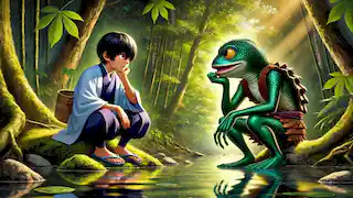 Hiroshi and the Kappa engage in a contest of wits by the riverbank, both deeply focused on the challenge.