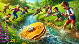  A golden pancake rolls away from a group of excited children near a stream in a lush countryside.