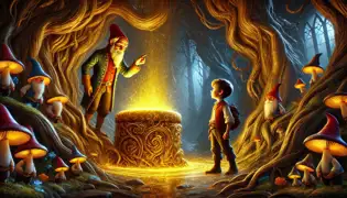 Felix stands before the glowing Golden Well, its shimmering water reflecting the enchanted surroundings as Rumpel gestures toward it.