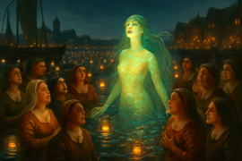 Villagers in Edam launch hundreds of lanterns on the water under moonlight as a luminous mermaid emerges to join the celebration, waves sparkling with phosphorescence.