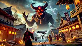 A massive oni with glowing red eyes towers over the village during a stormy night, as villagers watch in terror.