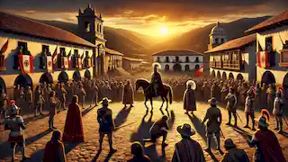 Atahualpa is led to the platform in Cajamarca’s square surrounded by Spanish soldiers as the sun sets.