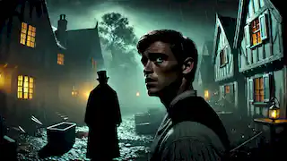  Fletcher faces a shadowy figure at the edge of the village, surrounded by mist and uncertainty.