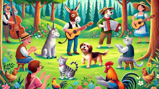 Donkey, dog, cat, and rooster playing music in front of a clapping and smiling crowd in a vibrant forest clearing.