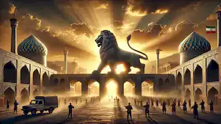 The Stone Lion of Shiraz glows with divine light at dawn as it stands tall at the city gates, ready to protect the city.