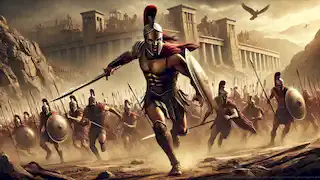 Achilles leads his Myrmidons into battle, charging toward the towering walls of Troy amidst the dust and chaos.