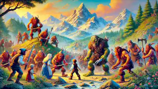 The Enchanted Mountain: Liam meeting the mountain folk and helping them battle the trolls. The scene is vibrant with detailed textures, showing the rugged mountain landscape and the conflict with the trolls.