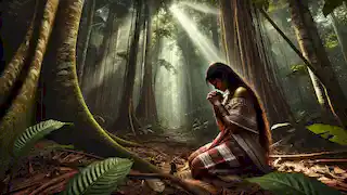 Grieving Indigenous mother praying in the Amazon rainforest, seeking solace among the trees.