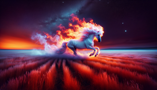 The ghostly horse emerges from swirling mist on the Puszta at twilight