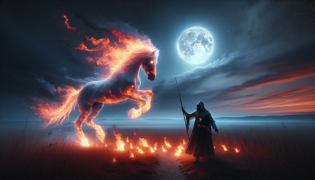 An enraged medieval warrior brandishing a sword beneath a blood-red moon