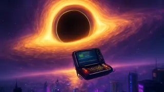 Uma terminal de IA isolada suspensa diante de uma singularidade gravitacional, aguardando a última pergunta.