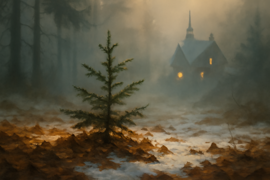 A young fir tree towering among smaller saplings beneath drifting snow