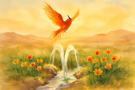 Des courants d’eau jaillissant du sol alors que le Phénix chante au milieu de fleurs en pleine floraison.