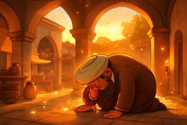A cluster of glowing fireflies rising above a Persian bathhouse courtyard at dawn